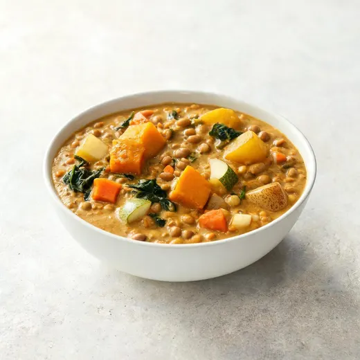 Pumpkin and Lentil Curry With Apples and Spinach: 504 kcal, 24 g protein, grade A