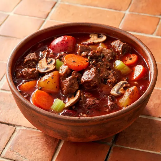 Beef Stew With Red Wine, Mushrooms and Herbs: 404 kcal, 31 g protein, grade A
