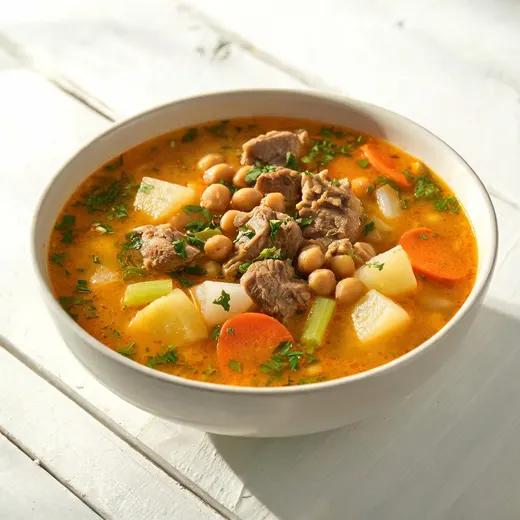 Moroccan Chorba (Lamb and Chickpea Soup): 554 kcal, 27 g protein, grade A