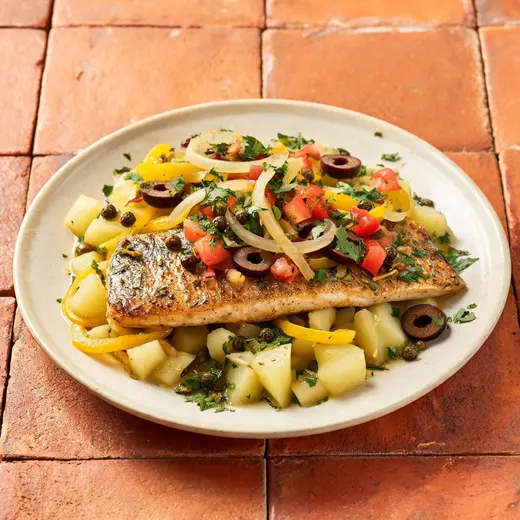 Pan-Fried Trout With Tomatoes, Olives and Capers: 479 kcal, 31 g protein, grade A