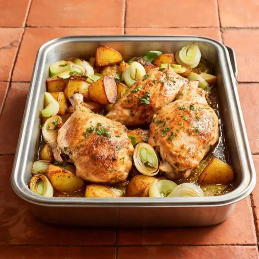 Roast Chicken Breasts With Potatoes and Leeks: 580 kcal, 31 g protein, grade A