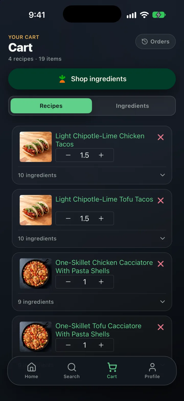 The cart with the chicken and tofu versions of two dishes, 19 items