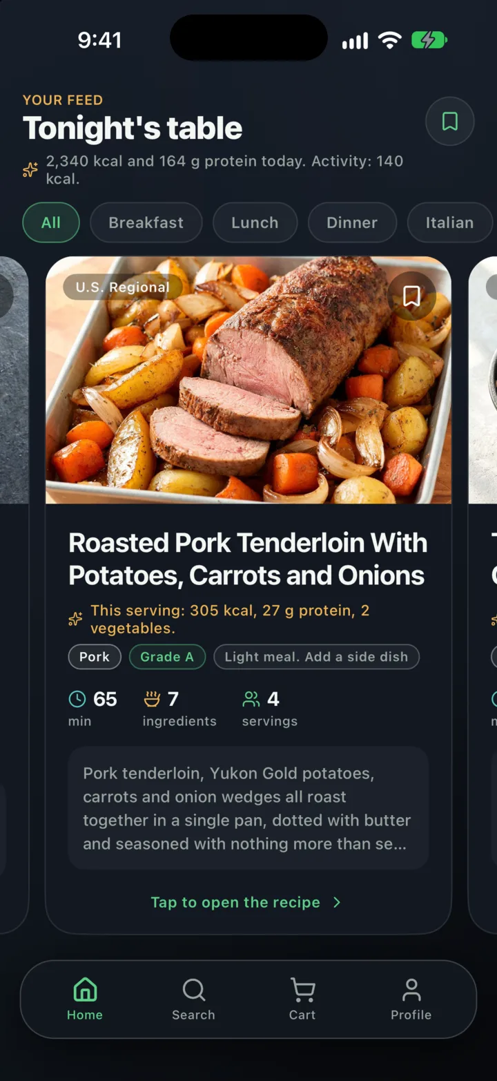 The Avocart feed on a rest day with 140 kcal of activity: Roasted Pork Tenderloin With Potatoes, Carrots and Onions, 305 kcal, marked as a light meal