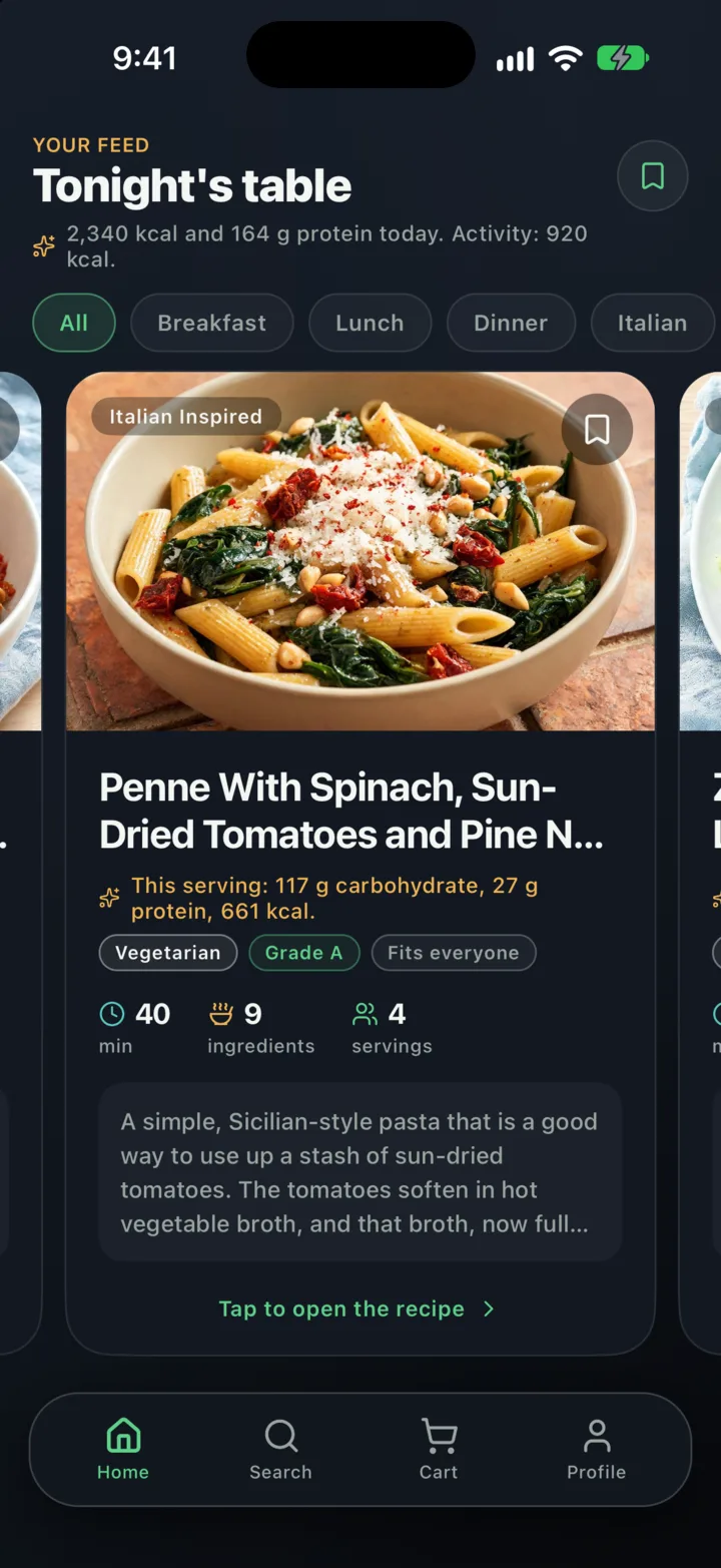 The Avocart feed on a training day with 920 kcal of activity: Penne With Spinach, Sun-Dried Tomatoes and Pine Nuts, 661 kcal and 117 g carbohydrate